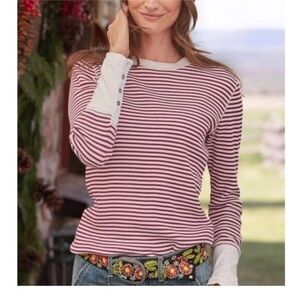 Sundance Red White Striped Thermal Top Button Cuffs Sz L L17